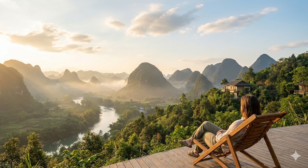 Viajeros consultando el celular frente a un paisaje